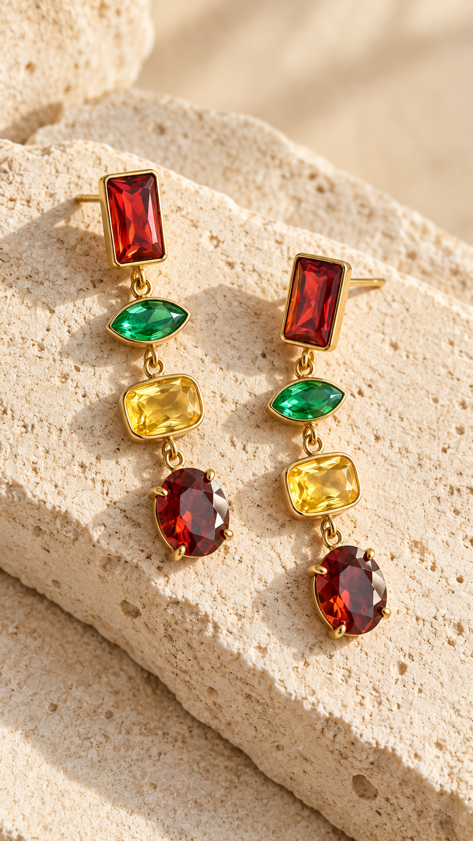 A pair of gold drop earrings with red, green, and yellow gemstones, displayed on a textured beige stone surface.