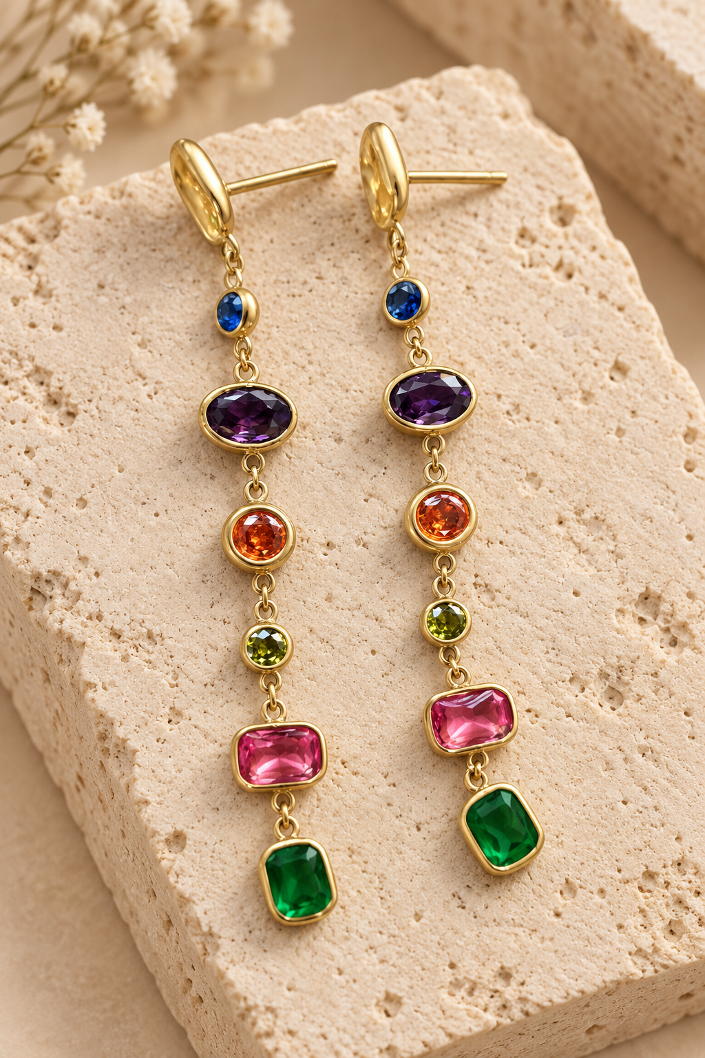 Multicolored seven gemstone drop earrings lay on a light beige stone. 