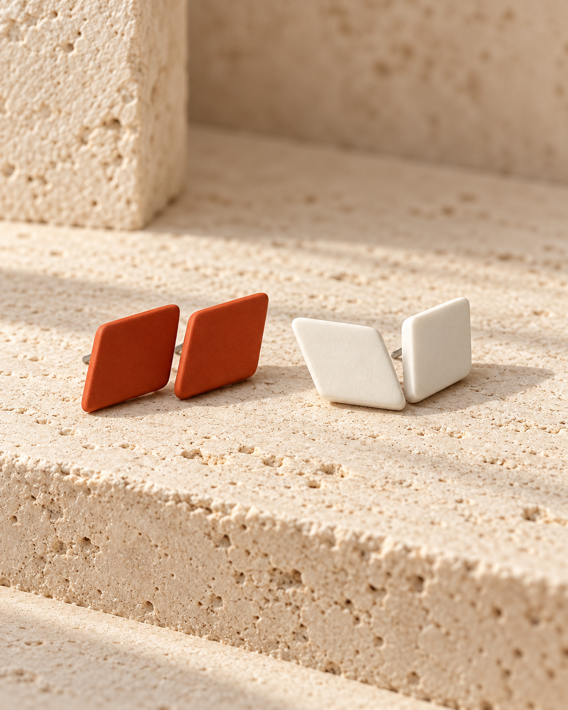 Two minimalist square stud earrings displayed on a textured beige stone surface. One earring is terracotta orange, and the other is matte off-white/cream.