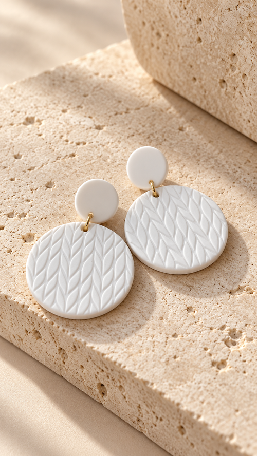 A pair of white textured disc drop earrings with small gold-tone connectors, displayed on a beige stone surface.